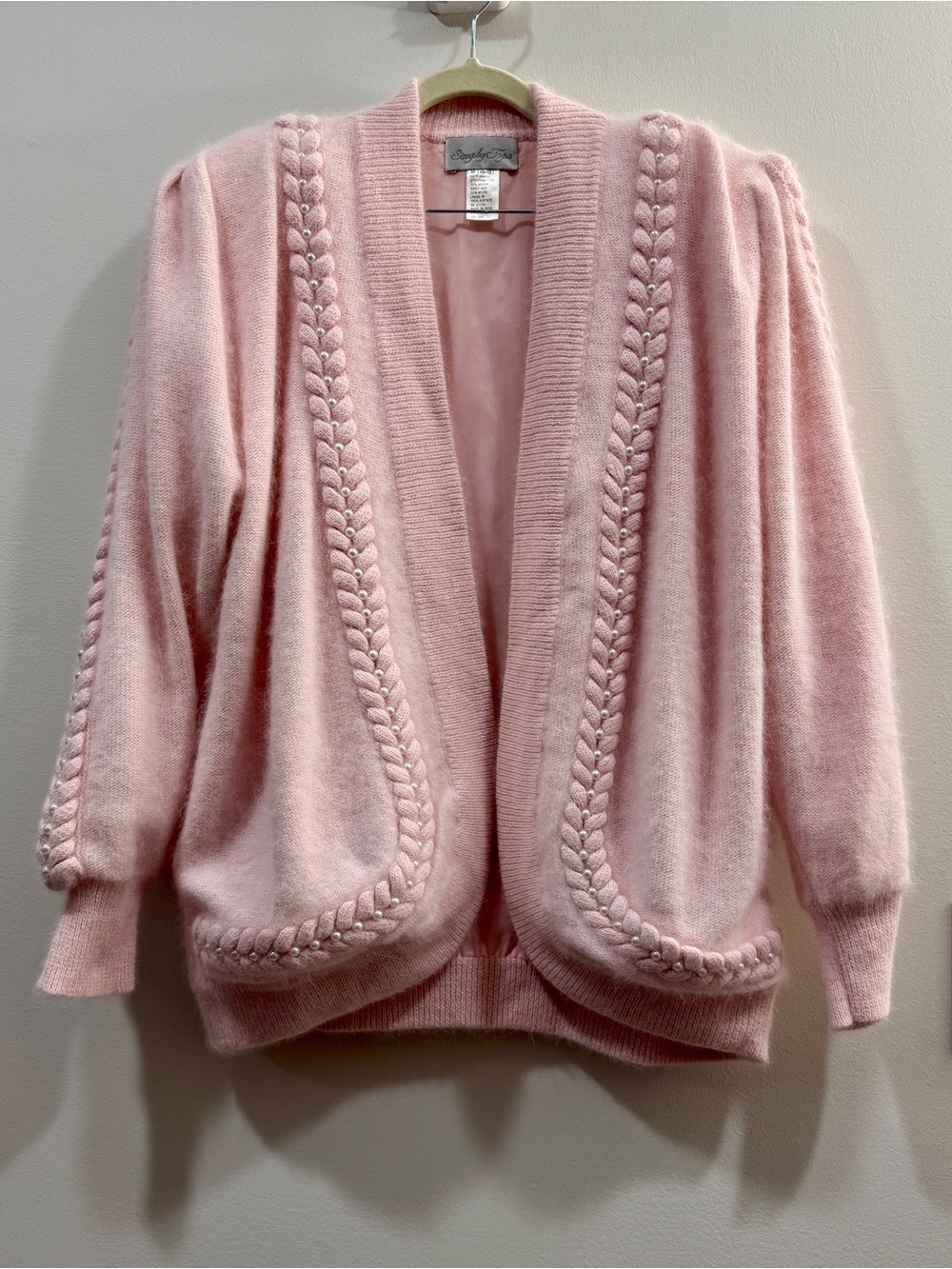 Vintage Y2K Simply Tops Pink Angora Cardigan Pearl Braid Trim M